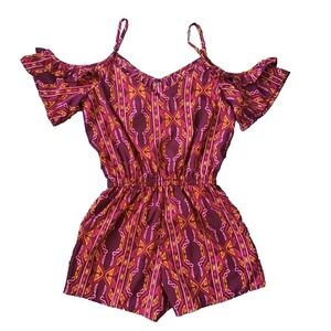 Boho Short Romper Junior Women XS Jumpsuit Tribal Cold Shoulder 1 Piece Coverup
